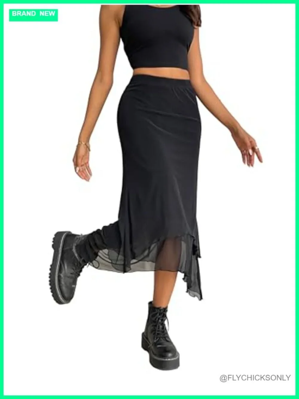 Women Mesh Asymmetrical Mermaid Midi Skirt High Waist Fishtail Long Skirt
